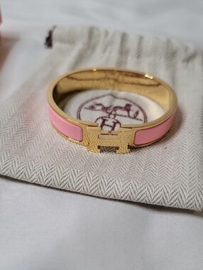 Hermes Pink Enamel and Gold H Bangle Bracelet